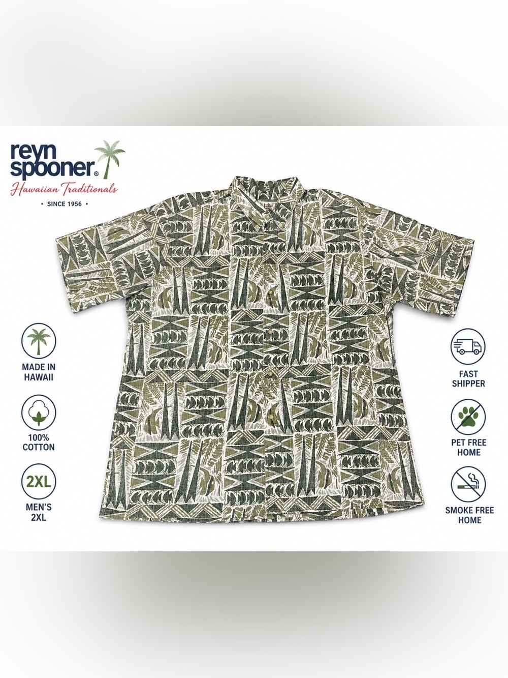 Reyn Spooner Hawaiian Shirt Men’s 2XL Green Aloha Button Front Made in Hawaii